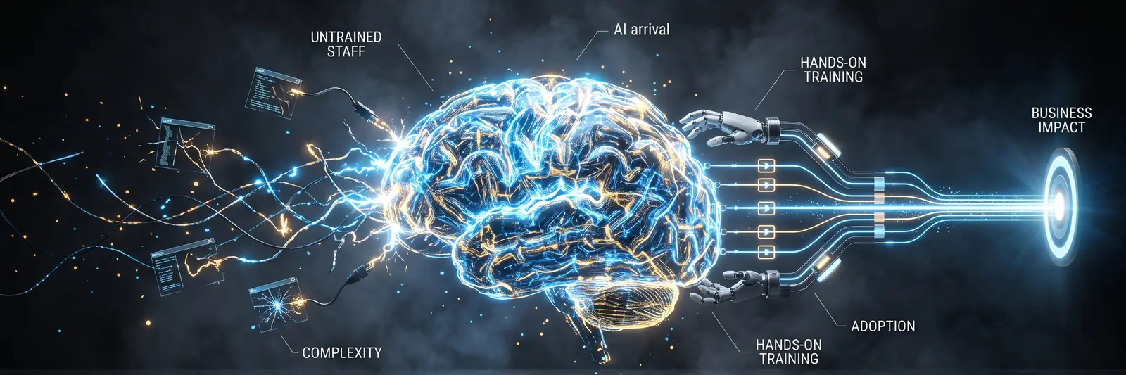Untrained staff, the arrival of AI and complexity flow into a brain, then hands-on training and adoption lead to business impact.