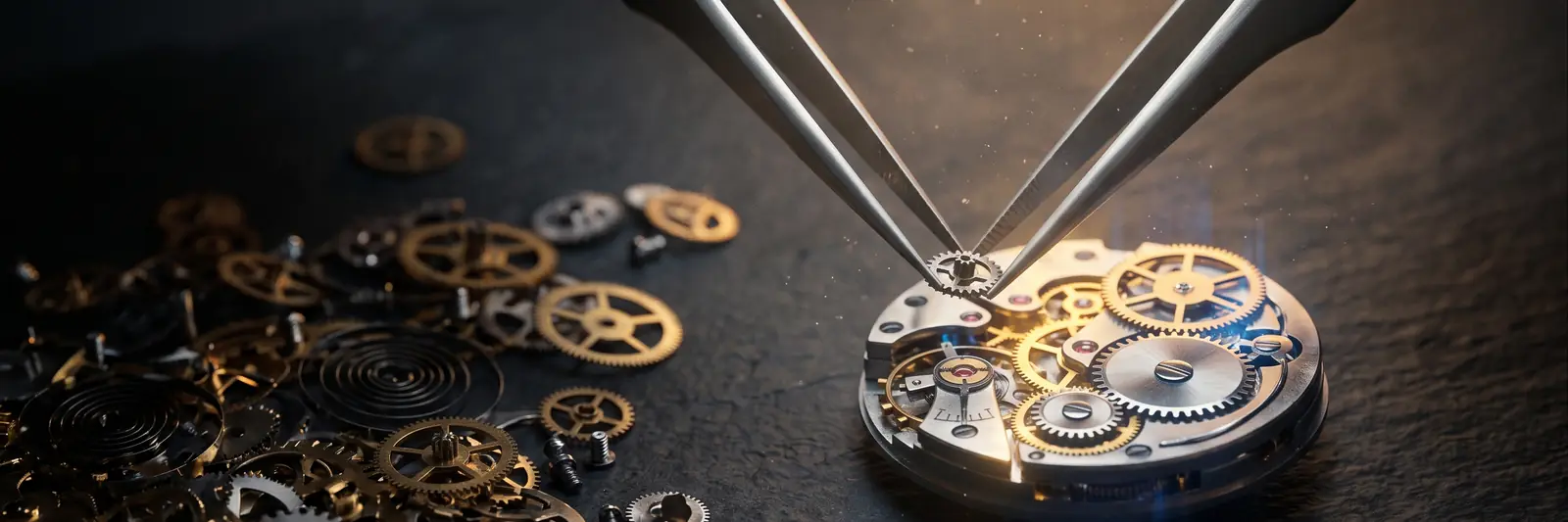 Tweezers placing a tiny gear into a watch movement, with loose parts scattered beside it.